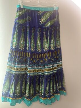 Bohemian Cafe Blue and Green Ruffle Paisley Maxi Skirt, Size Medium festival